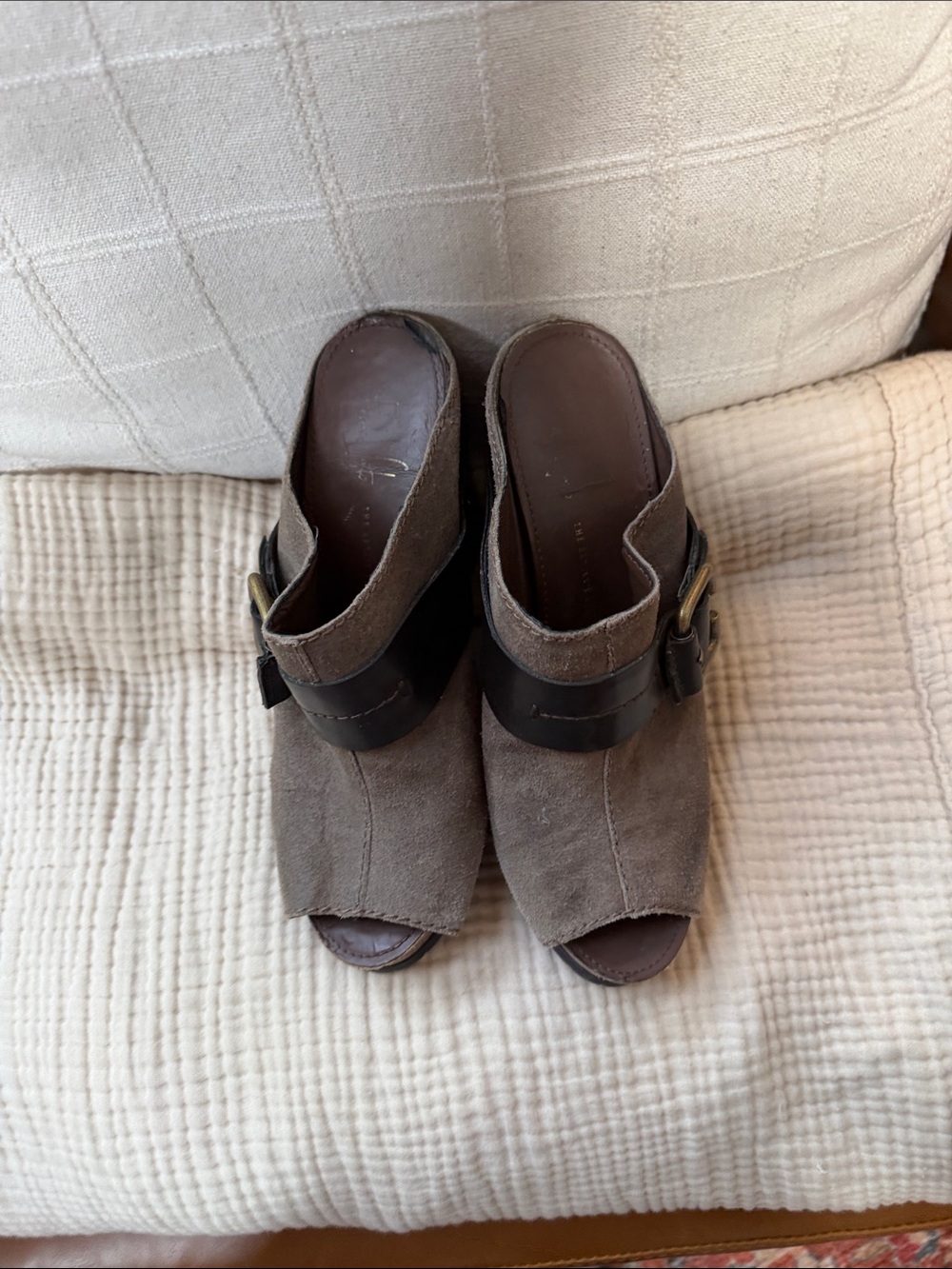 Franco Sarto Taupe Suede Open-Toe Wedge Mules